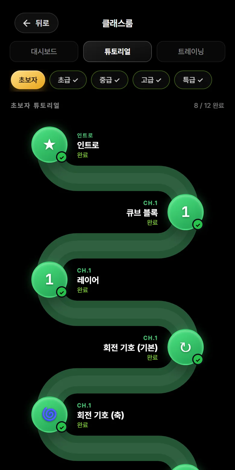튜토리얼 로드맵 화면 — 인트로부터 챕터별 완료 체크가 이어지는 리본 경로